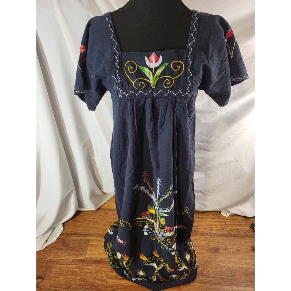 Vtge Handemade Navy Blue Caftan Cotton Dress Oaxaca Mexican Small